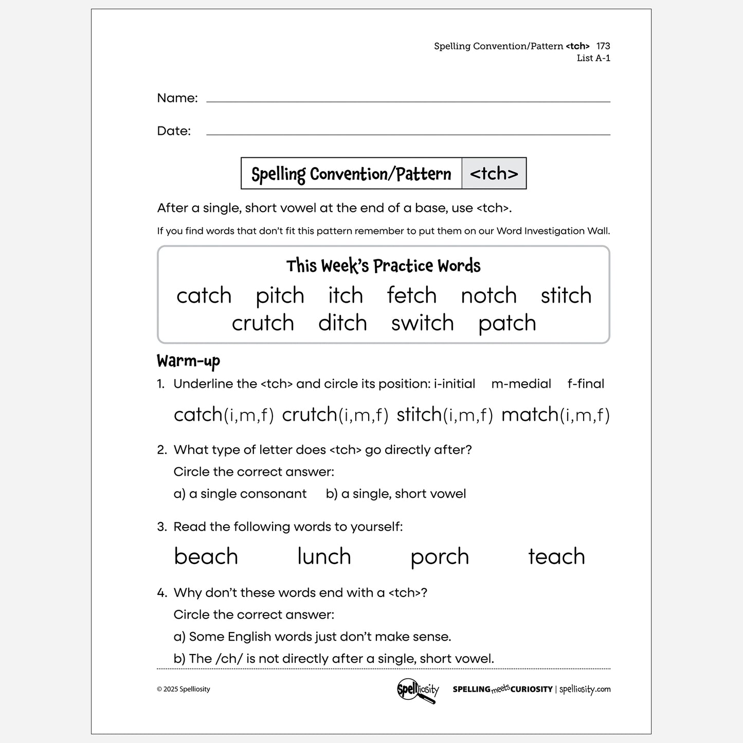 Spelling Convention/Pattern <tch>. Student lesson list A-1. Page from Spell With Confidence digital book.