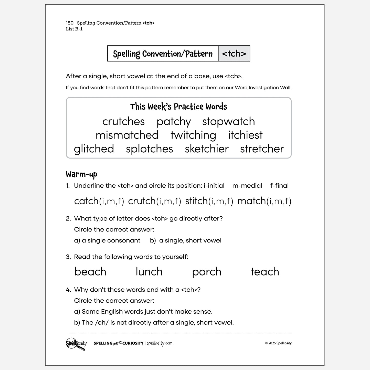 Spelling Convention/Pattern <tch> Student lesson list B-1. Page from Spell With Confidence digital book.