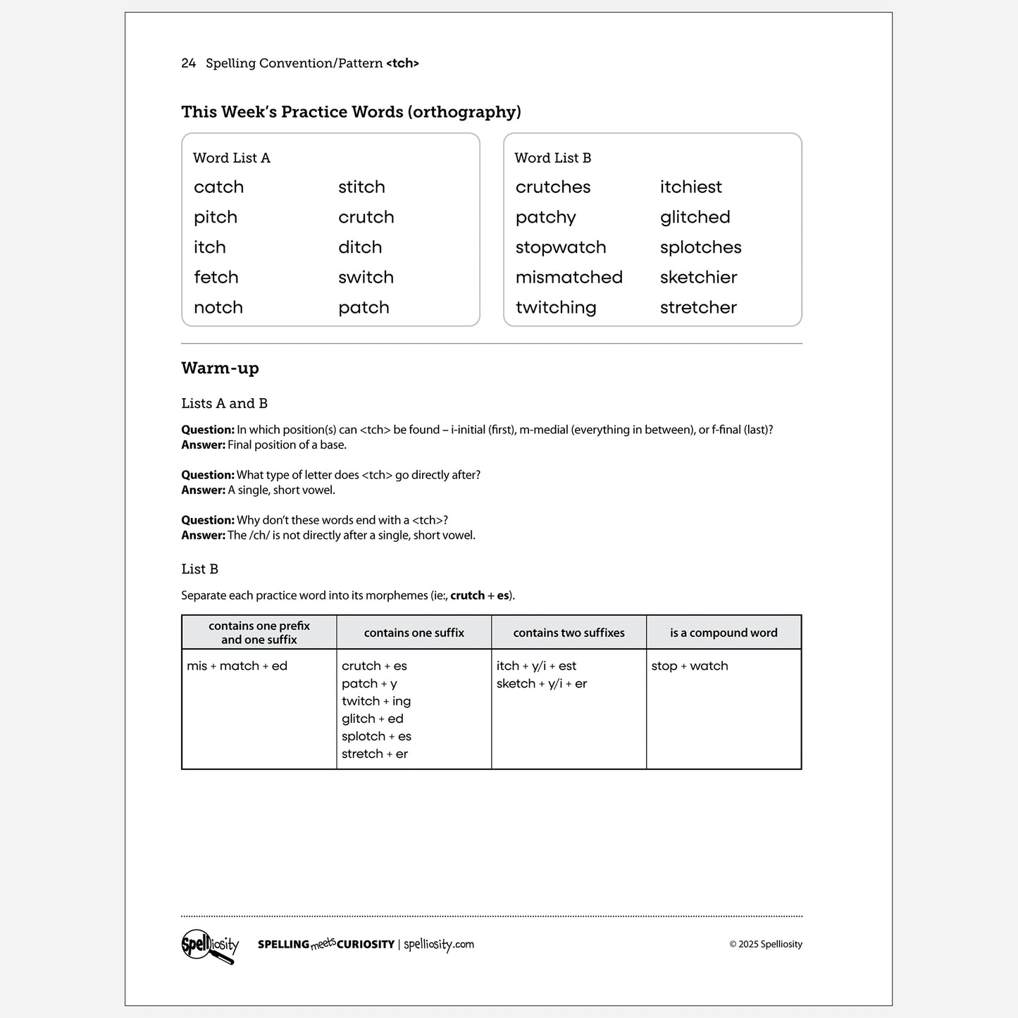 This week's practice words <tch> teacher guide. Page from Spell With Confidence digital book.