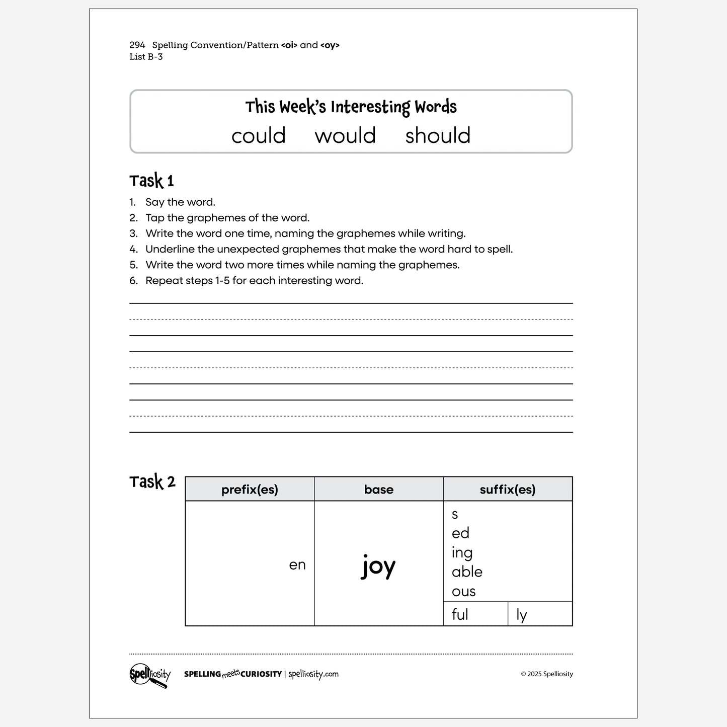 Student lesson B-3. This Week's Interesting Words: "could", "would", and "should" and matrix for the base "joy". Page from Spell With Confidence digital book.