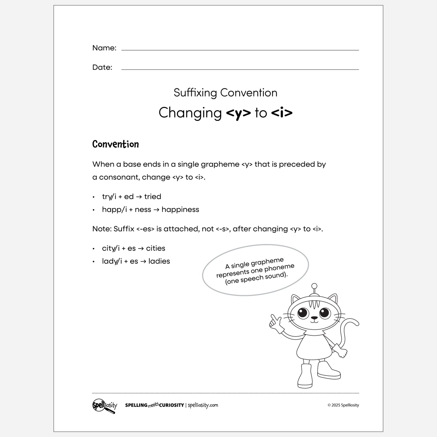 Sample page for suffixing convention change y to i. Page from Spell With Confidence digital book.
