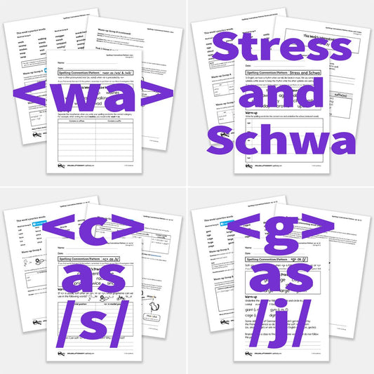 <wa> /wɔ/, Stress and Schwa (reduced vowels), soft <c>, soft <g>Teacher Guides and Student Lessons – 88 pages