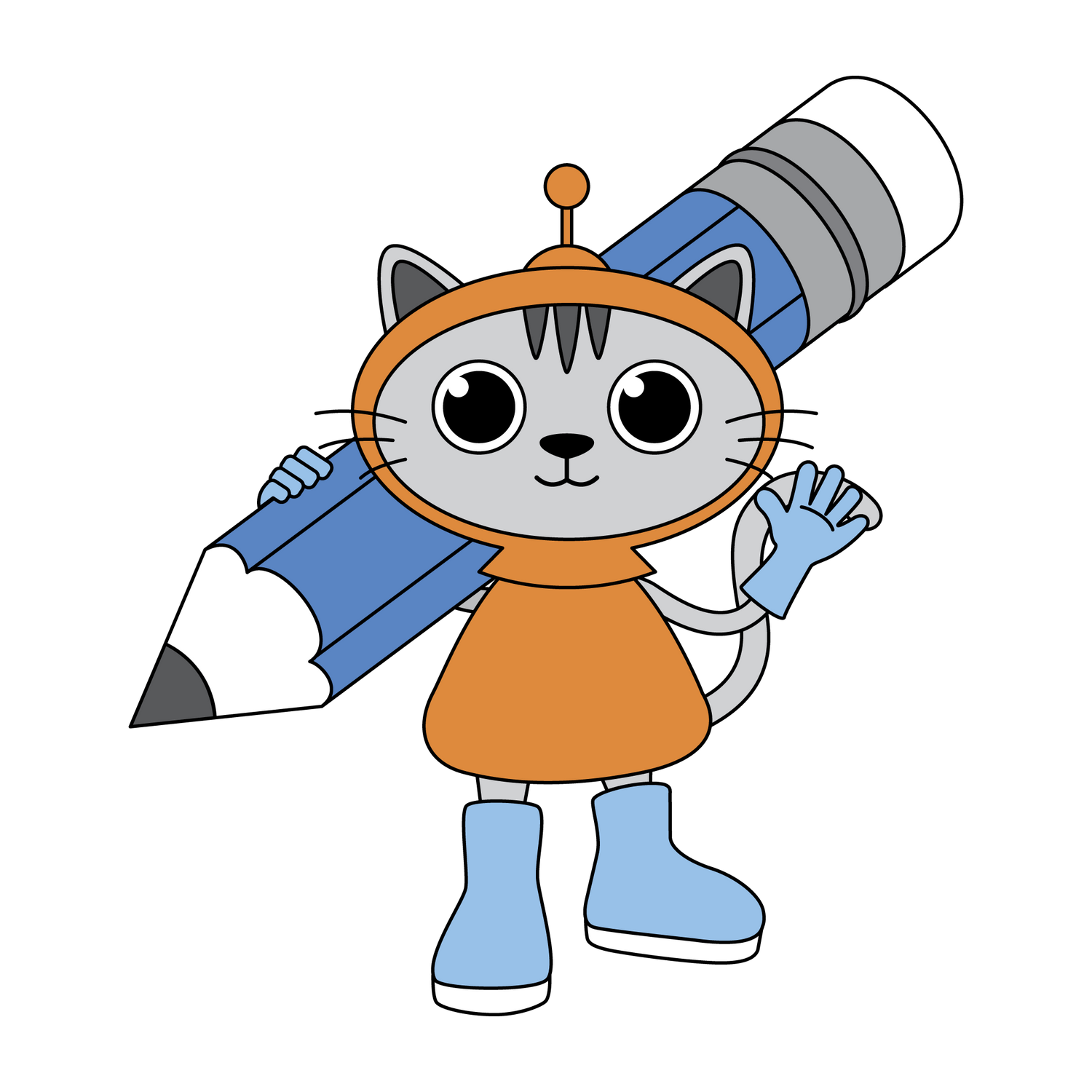Luna holding a pencil and waving
