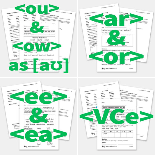 Homophones using <ee> & <ea>, <ar> & <or>, <ou> and <ow> as /aʊ/, <VCe> Teacher Guides and Student Lessons – 88 pages